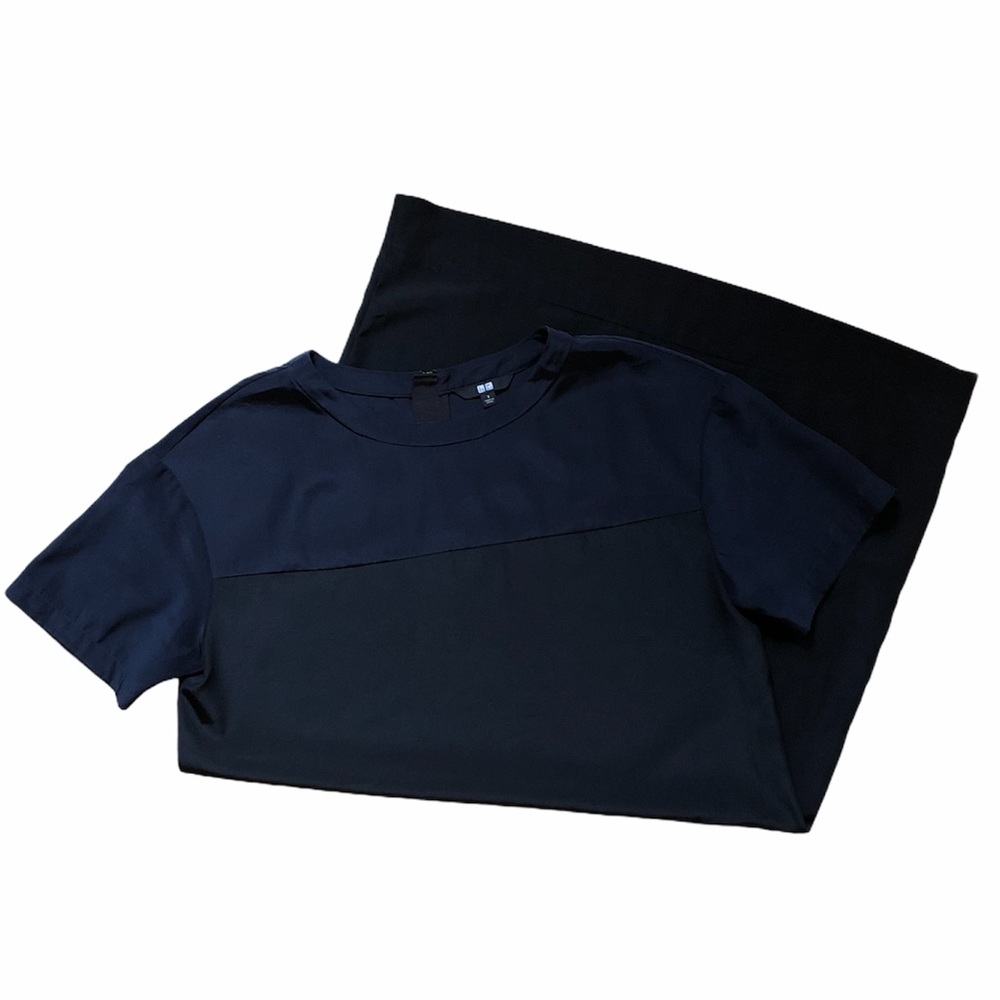 Uniqlo | Short Sleeve Satin Shift Dress in Black & Navy color block Size small